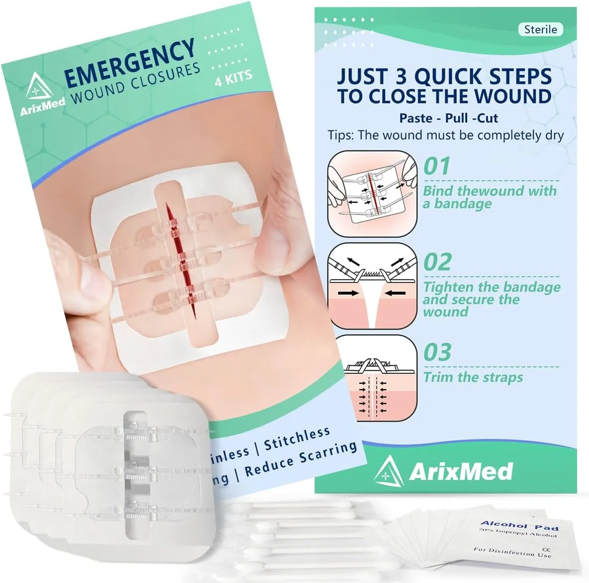 Emergency Laceration Closures, Zip Sutures Butterfly Bandaids Kit (4 Set), Repair Wounds Without Stitches, Must Have for First Aid Kits