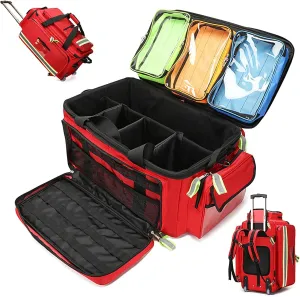 Emergency Responder Trauma Bag, First Aid Backpack Empty with Tie Rod, Wheels and Straps, Safe Night Reflective Strip Design and Oxford Cloth Material, for Hiking, Travel, Marine(Red)