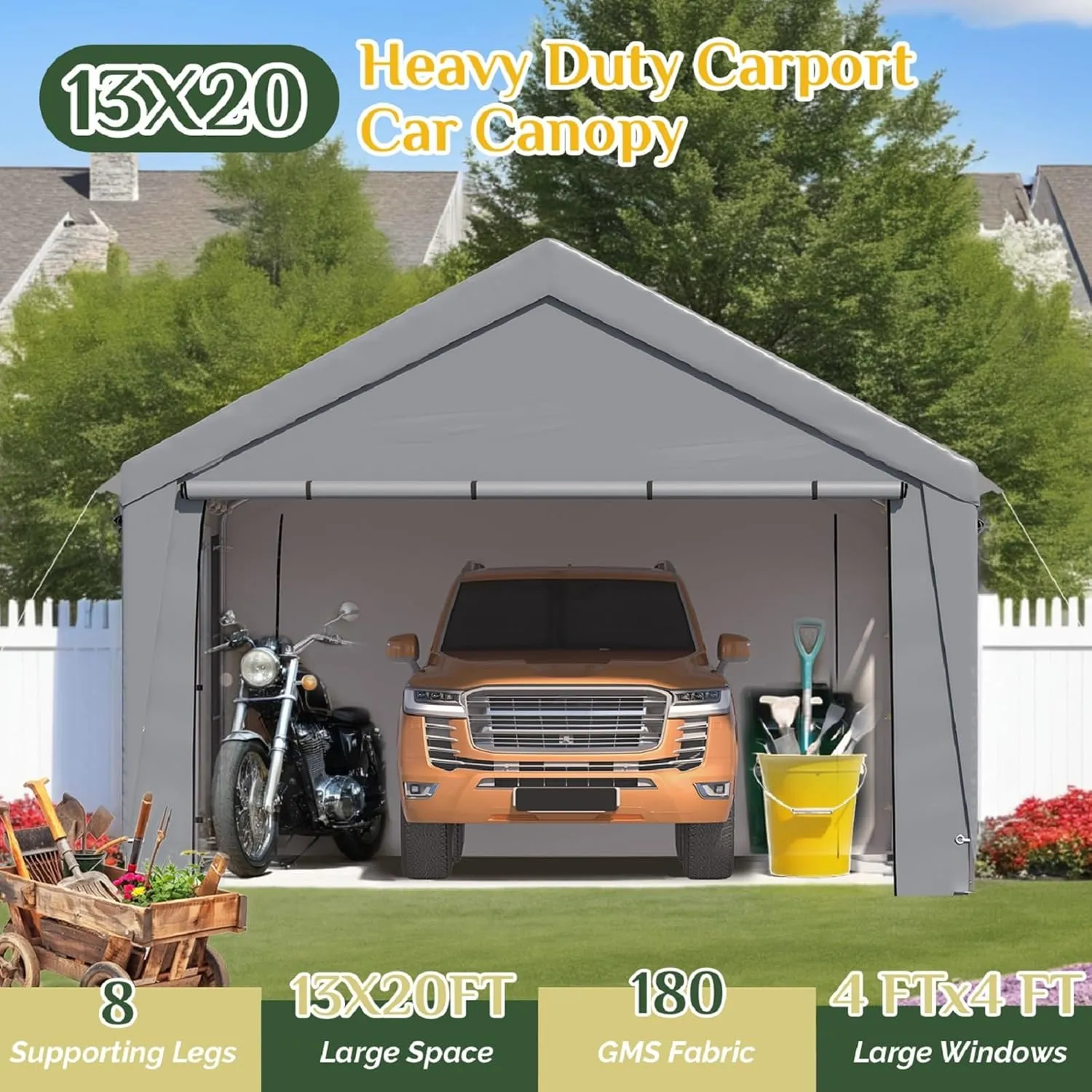 EROMMY Carport, 13' x 20' Heavy Duty Carport with Roll-up Windows，Portable Garage with Removable Sidewalls, Car Canopy with Sandbags and All-Season Tarp for Tractor, Truck, Outer Gray and Inner White