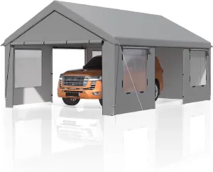 EROMMY Carport, 13' x 20' Heavy Duty Carport with Roll-up Windows，Portable Garage with Removable Sidewalls, Car Canopy with Sandbags and All-Season Tarp for Tractor, Truck, Outer Gray and Inner White
