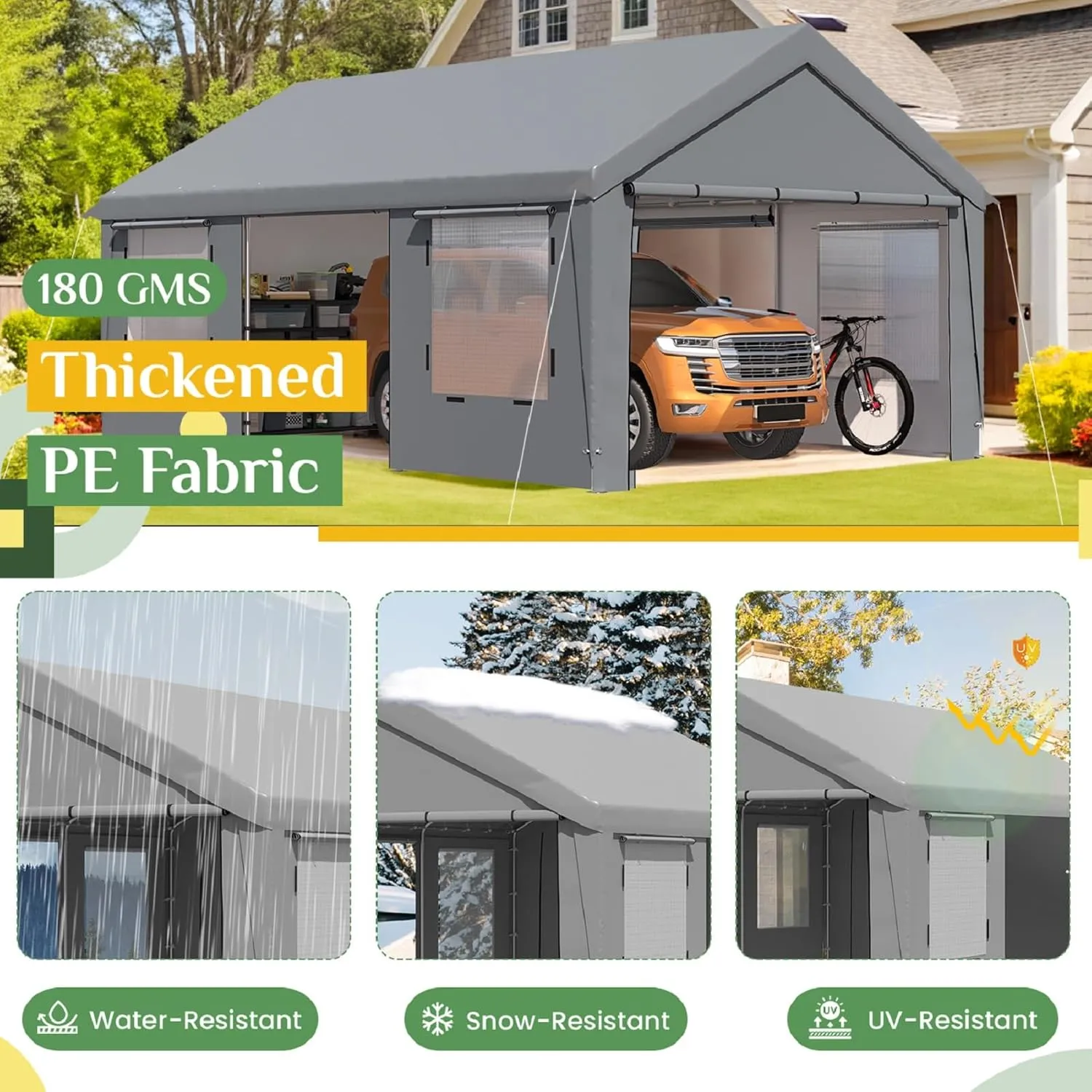 EROMMY Carport, 13' x 20' Heavy Duty Carport with Roll-up Windows，Portable Garage with Removable Sidewalls, Car Canopy with Sandbags and All-Season Tarp for Tractor, Truck, Outer Gray and Inner White
