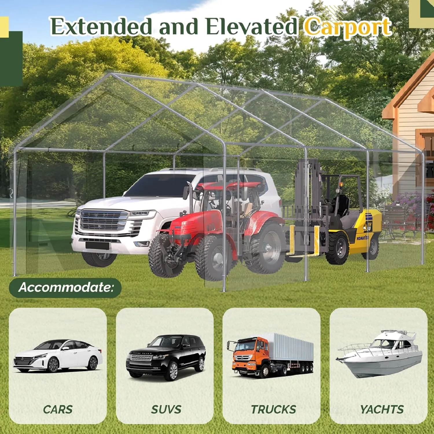 EROMMY Carport, 13' x 20' Heavy Duty Carport with Roll-up Windows，Portable Garage with Removable Sidewalls, Car Canopy with Sandbags and All-Season Tarp for Tractor, Truck, Outer Gray and Inner White