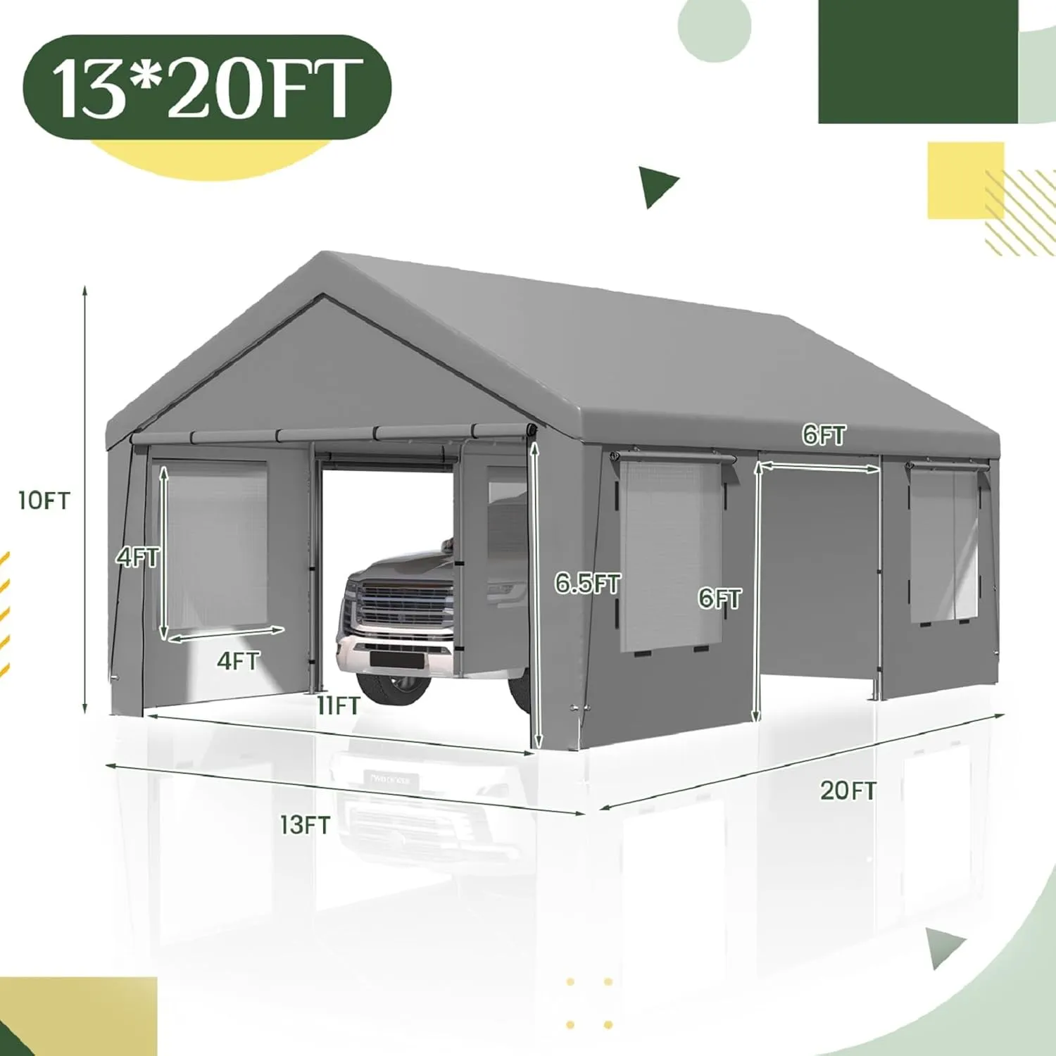 EROMMY Carport, 13' x 20' Heavy Duty Carport with Roll-up Windows，Portable Garage with Removable Sidewalls, Car Canopy with Sandbags and All-Season Tarp for Tractor, Truck, Outer Gray and Inner White