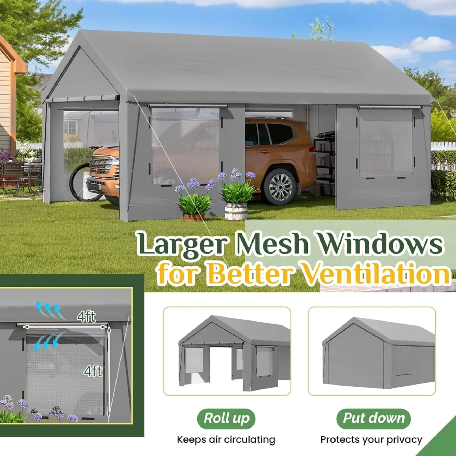 EROMMY Carport, 13' x 20' Heavy Duty Carport with Roll-up Windows，Portable Garage with Removable Sidewalls, Car Canopy with Sandbags and All-Season Tarp for Tractor, Truck, Outer Gray and Inner White