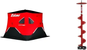 Eskimo FF949i FatFish Pop-up Portable Hub-Style Ice Shelter, Wide Bottom Design 61 sq ft. & 35600 Pistol Bit 8" Ice Auger Drill Adaptive Ice Auger Weighs only 3.9 Pounds, Centering Point