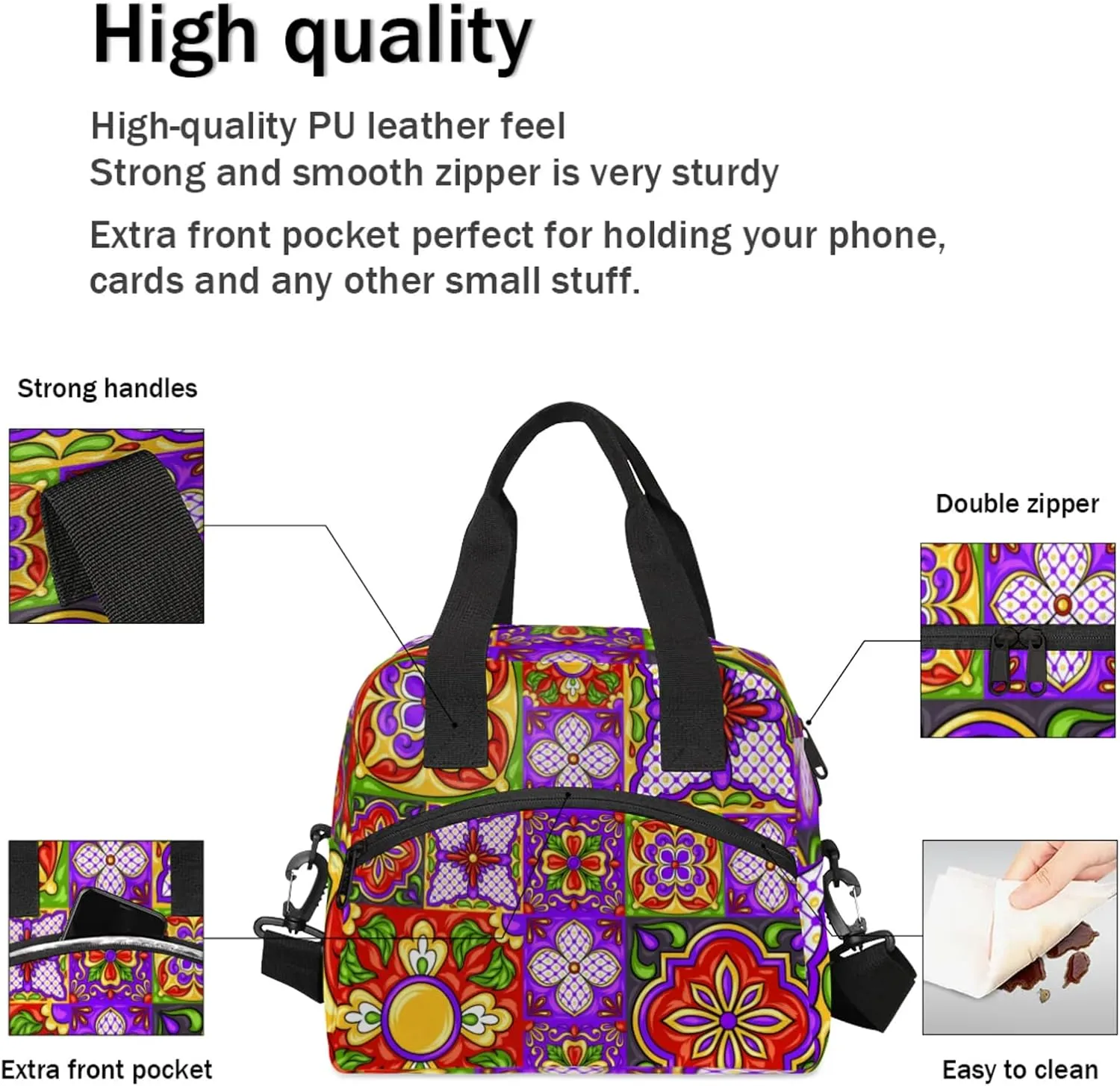 Ethnic Ceramic Mandala Insulated Lunch Bag Reusable Lunch Box Leisure Coffee Portable Lunch Tote Bag With Detachable Adjustable Shoulder Strap Suitable for Men and Women for Work, Picnic, Camping