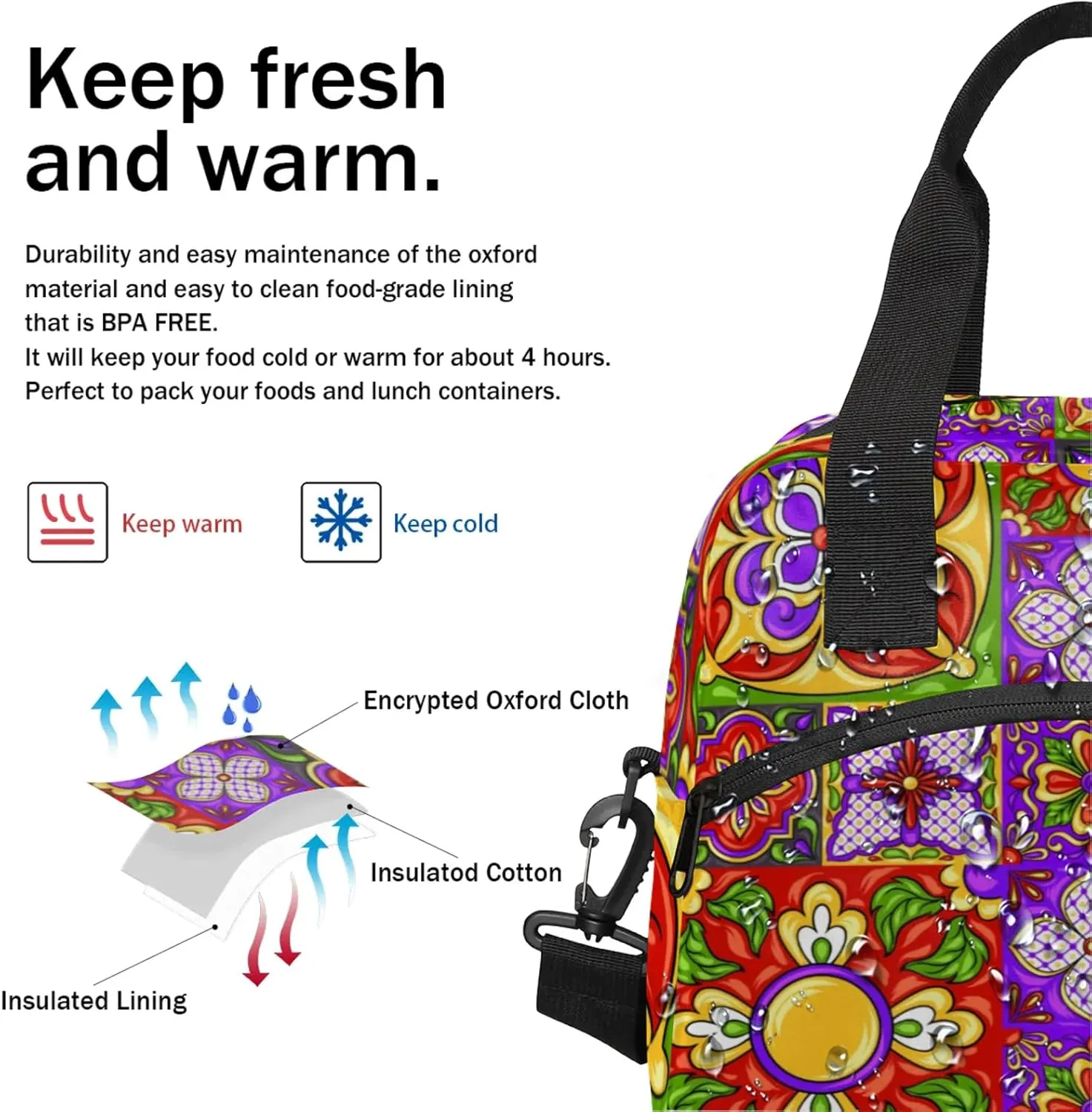 Ethnic Ceramic Mandala Insulated Lunch Bag Reusable Lunch Box Leisure Coffee Portable Lunch Tote Bag With Detachable Adjustable Shoulder Strap Suitable for Men and Women for Work, Picnic, Camping