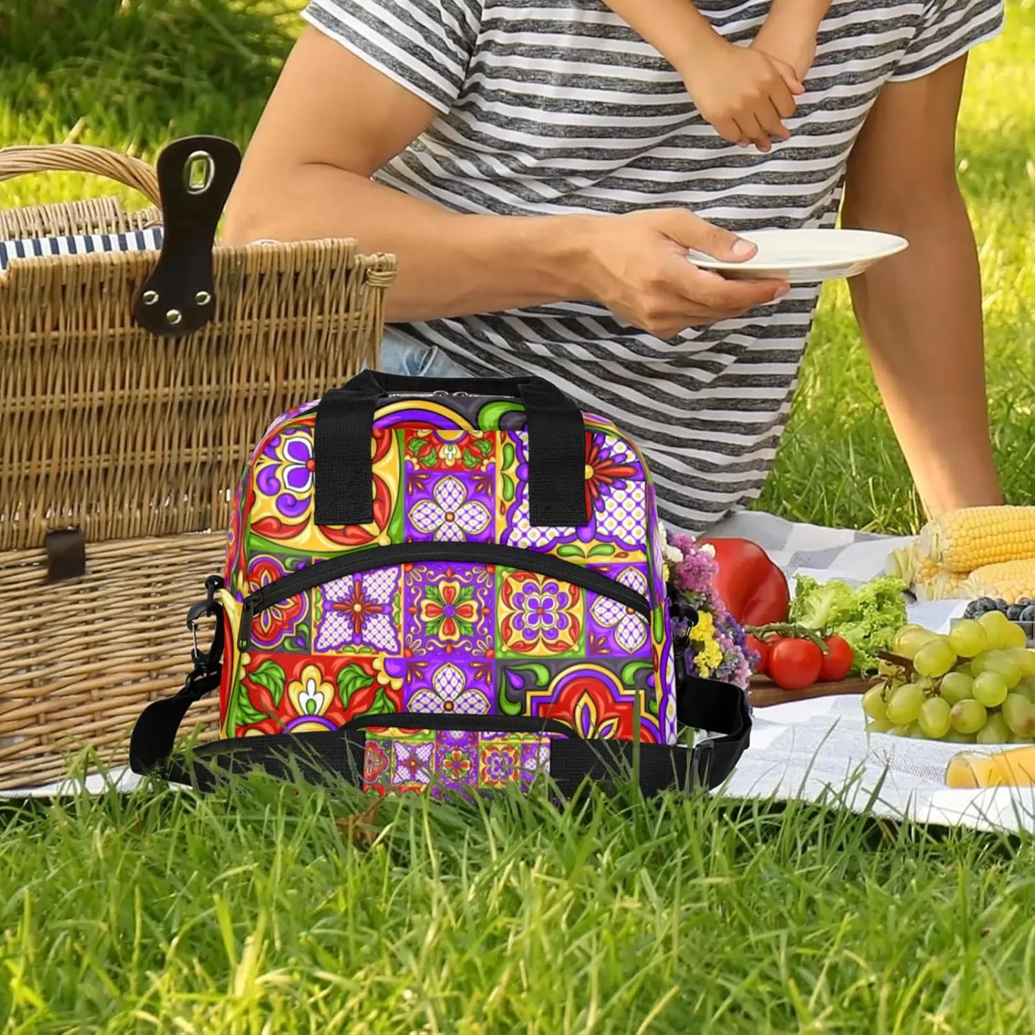 Ethnic Ceramic Mandala Insulated Lunch Bag Reusable Lunch Box Leisure Coffee Portable Lunch Tote Bag With Detachable Adjustable Shoulder Strap Suitable for Men and Women for Work, Picnic, Camping