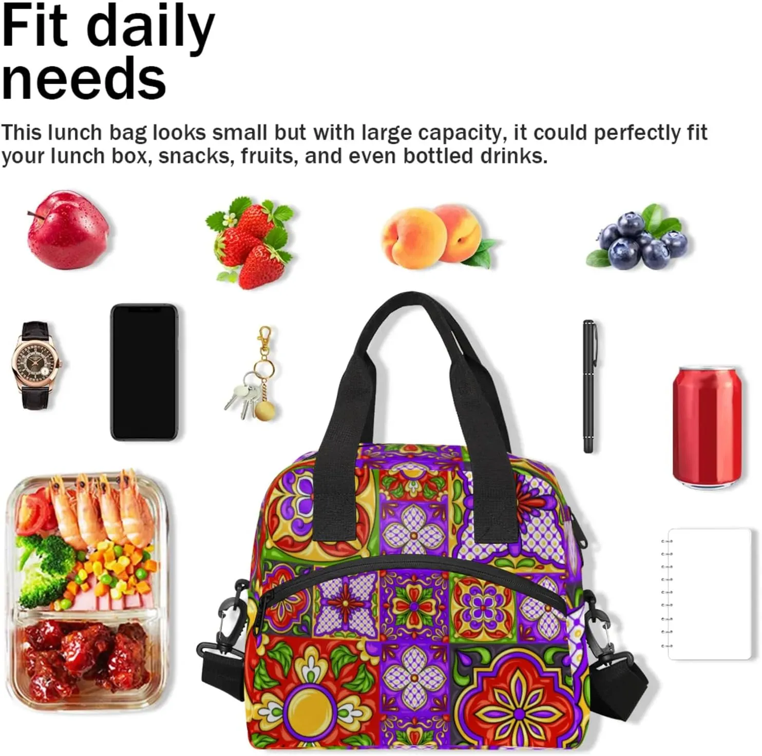 Ethnic Ceramic Mandala Insulated Lunch Bag Reusable Lunch Box Leisure Coffee Portable Lunch Tote Bag With Detachable Adjustable Shoulder Strap Suitable for Men and Women for Work, Picnic, Camping