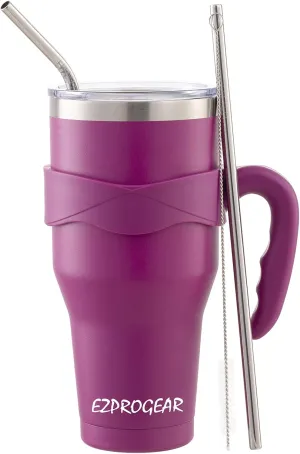 Ezprogear 40 oz Stainless Steel Camping Tumbler with Handle Red Magenta Water Mug with Lid (Magenta)