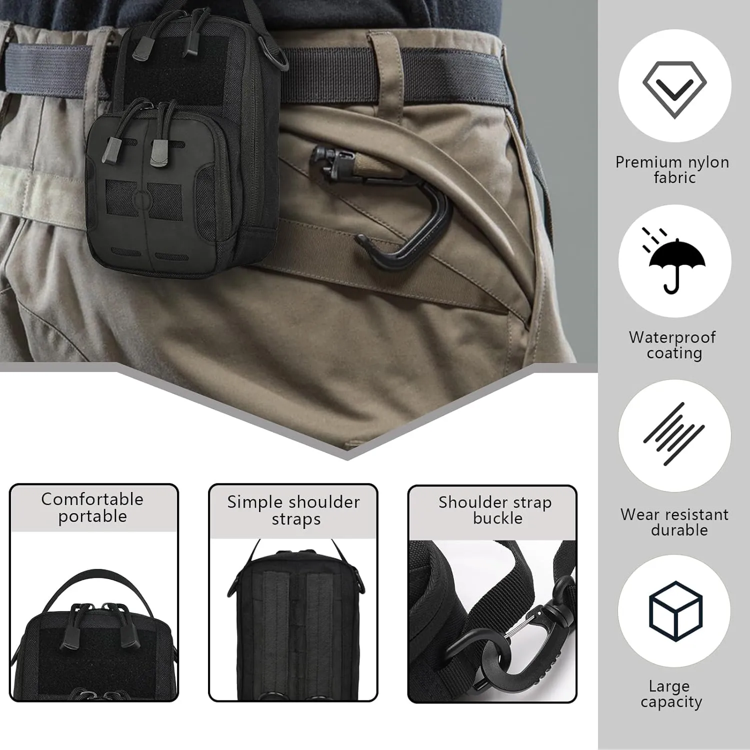 Fanny Pack for Men, Multifunction Belt Pouch Shoulder Waist Bag for Storage Waterproof Nylon Phone Case for Outdoor, Camping, Hiking, Tactics (Black)