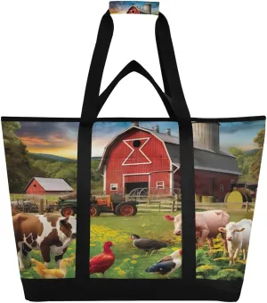 Farm Animals Reusable Insulated Lunchbox Cooler Bag, Leakproof Kitchen Grocery Bag Collapsible Portable Cooler Tote Bag for Picnic, Camping, Office, Travel