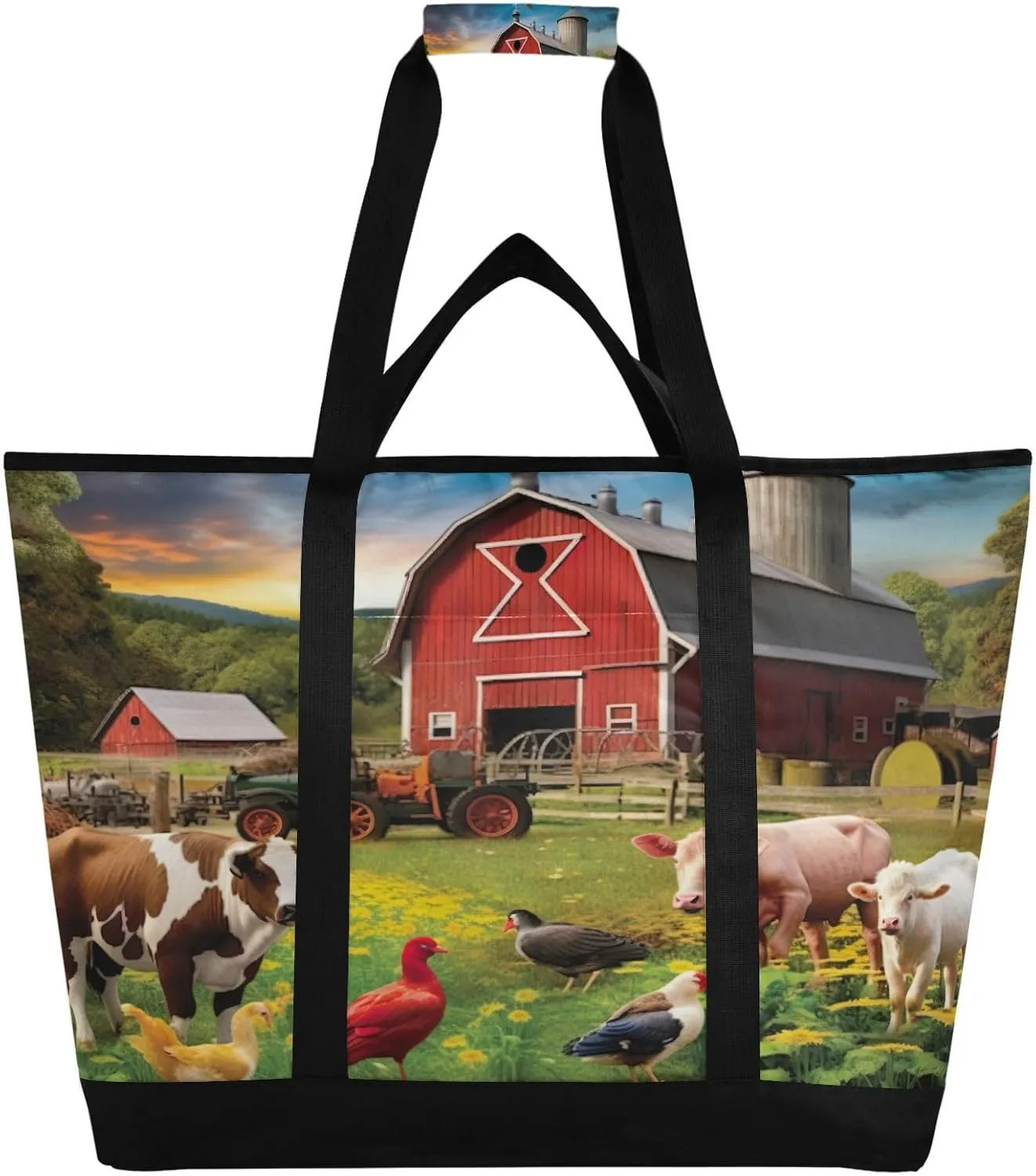 Farm Animals Reusable Insulated Lunchbox Cooler Bag, Leakproof Kitchen Grocery Bag Collapsible Portable Cooler Tote Bag for Picnic, Camping, Office, Travel