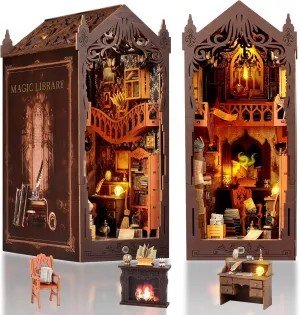 FASTSPOK DIY Book Nook Kit: 3D Wooden Puzzle Shelf Insert with LED Light - Miniature Dollhouse Bookend Decor for Adults and Teens - Creative Gift