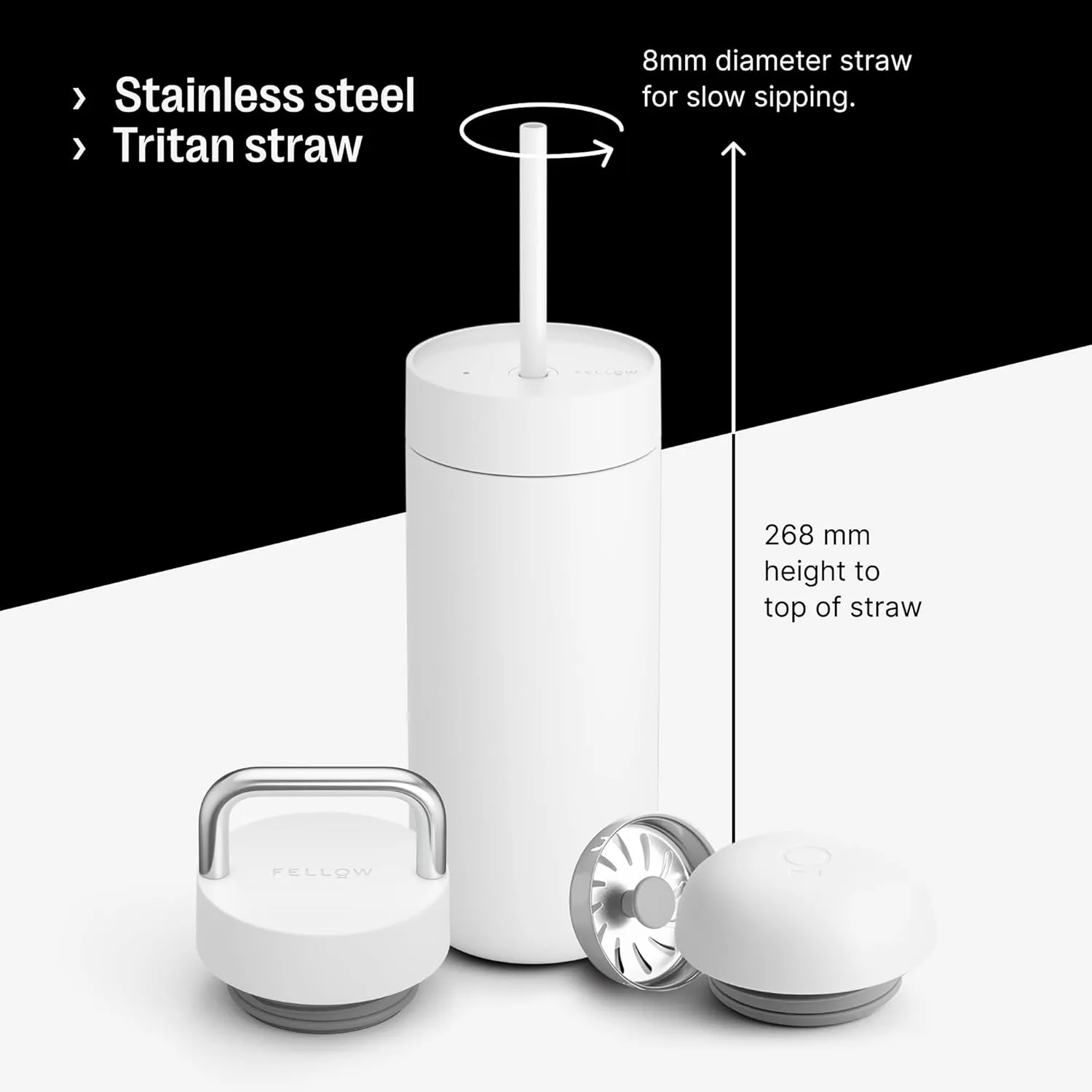 Fellow 16 oz Carter Bundle (3 in 1) Travel Mug with Carry Handle, Move & Cold Lids with Straw - To-Go Coffee Tumbler, Ceramic Interior & Vacuum-Insulated Stainless Steel - Coffee Cups-Matte White