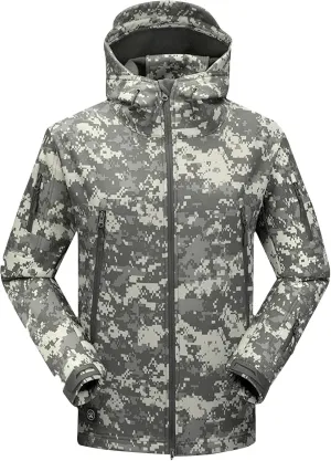 Finelylove Men's Military Tactical Jacket Camo Fleece Lined Softshell Rain Jacket Waterproof Raincoat for Hunting Hiking