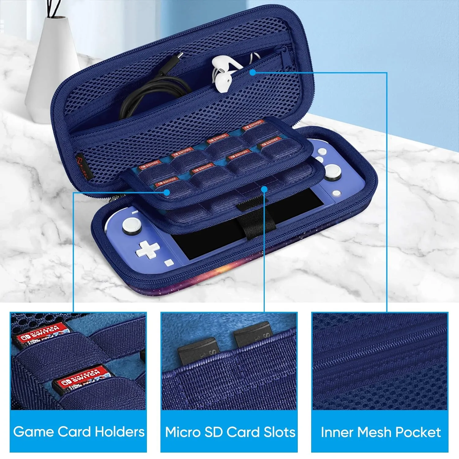 FINTIE Carrying Case for Nintendo Switch Lite 2019, [Shockproof] Hard Shell Protective Cover Travel Bag with Game Card & Micro SD Card Slots for Switch Lite Console & Accessories, Galaxy