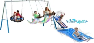 Firefly Water Park - 5 User / 4 Station Metal Backyard Swing Set with 5' Water Slide, LED Swings and Ground Tarp, 148" x 93" x 74", by XDP Recreation