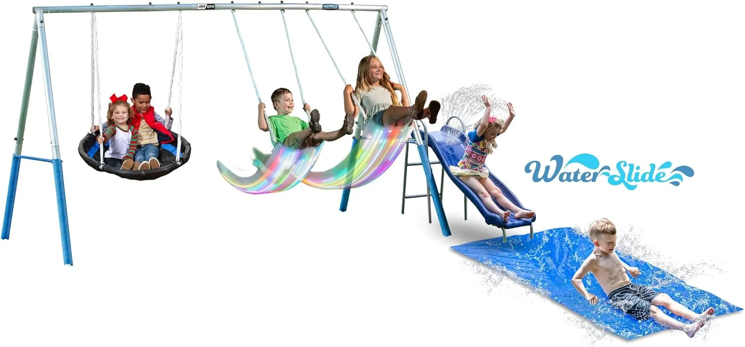 Firefly Water Park - 5 User / 4 Station Metal Backyard Swing Set with 5' Water Slide, LED Swings and Ground Tarp, 148" x 93" x 74", by XDP Recreation