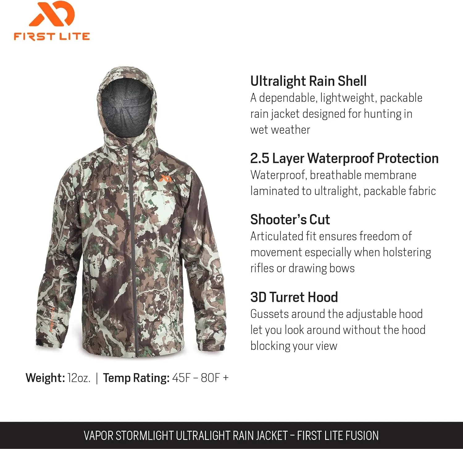 First Lite Men's Vapor Stormlight Ultralight Rain Jacket - Waterproof Breathable Camo Hunting Coat