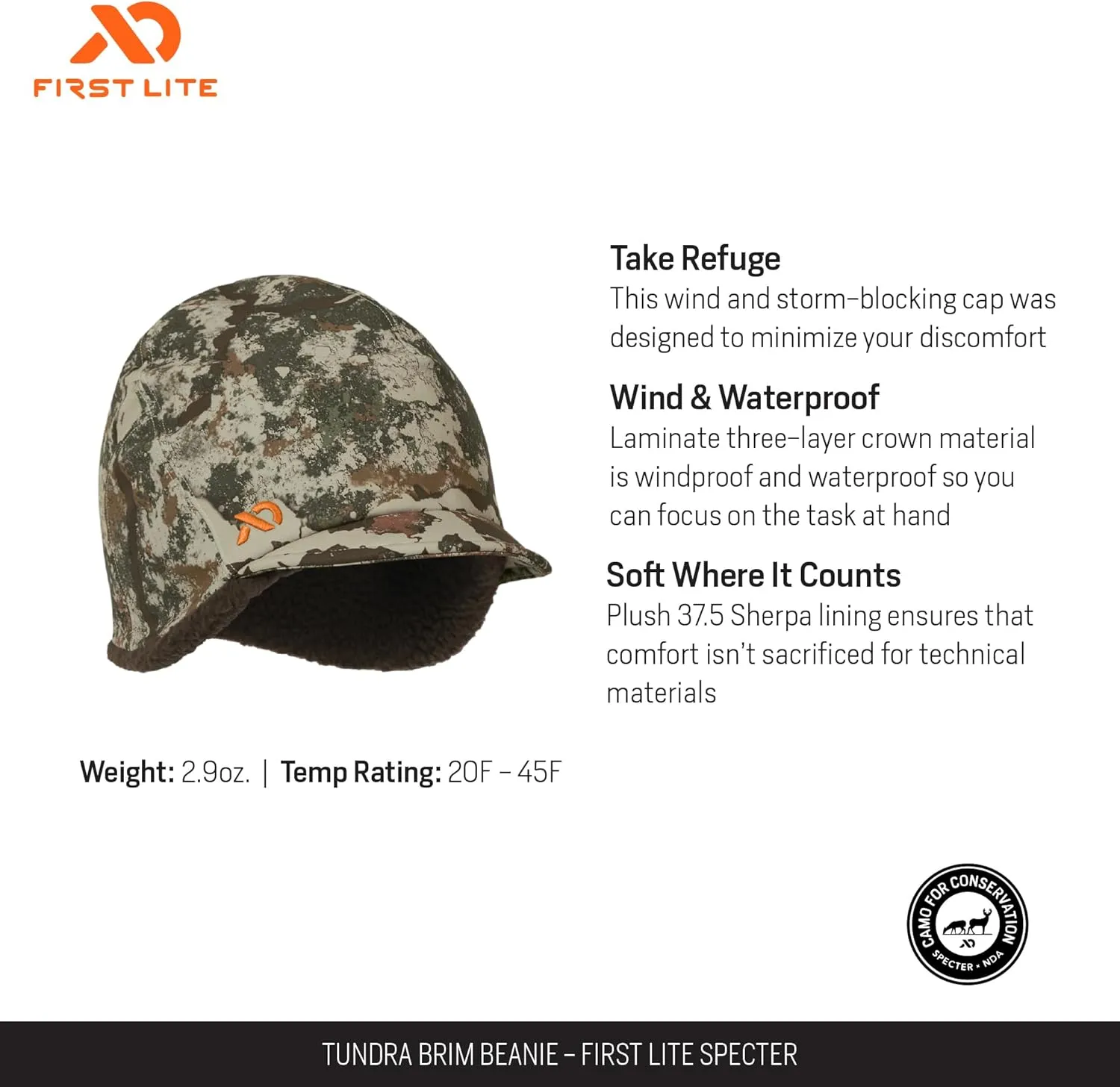 First Lite Tundra Brim Beanie - Warm Fleece Camo Hunting Hat