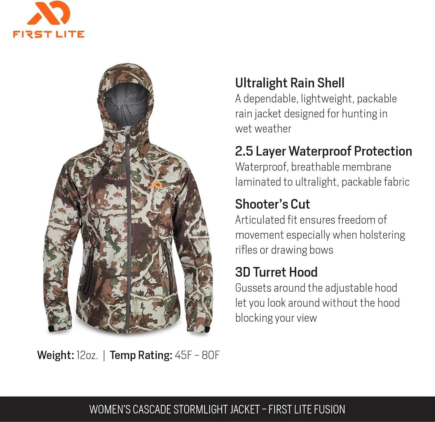First Lite Women's Cascade Stormlight Jacket - Waterproof Ultralight Camo Hunting Rain Shell
