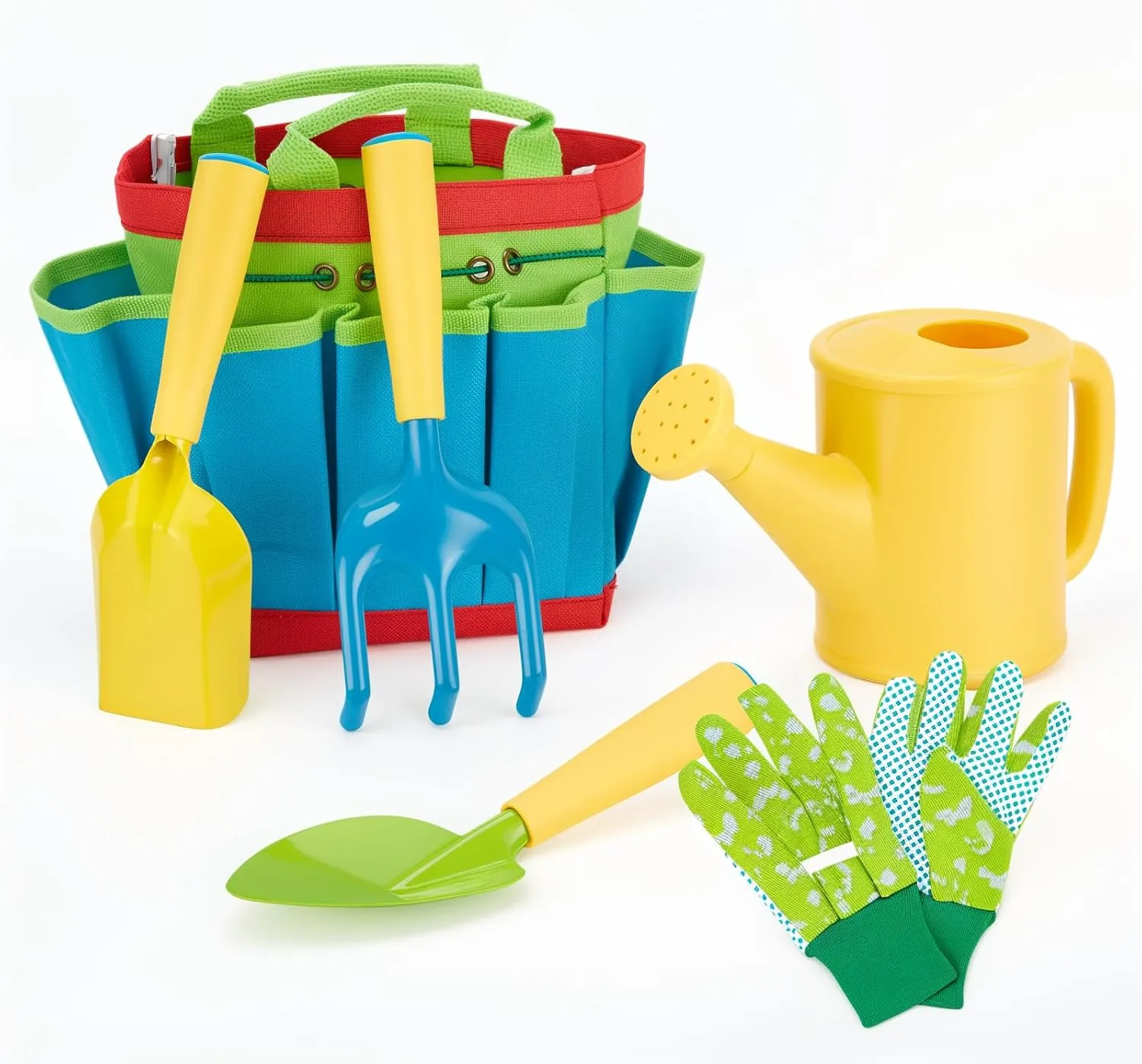 FITNATE Green Kids Garden Tools Set,6 PCS Garden Tools Including Watering Can, Shovel, Rake, Fork, Children Gardening Gloves and Garden Tote Bag, All in One Set