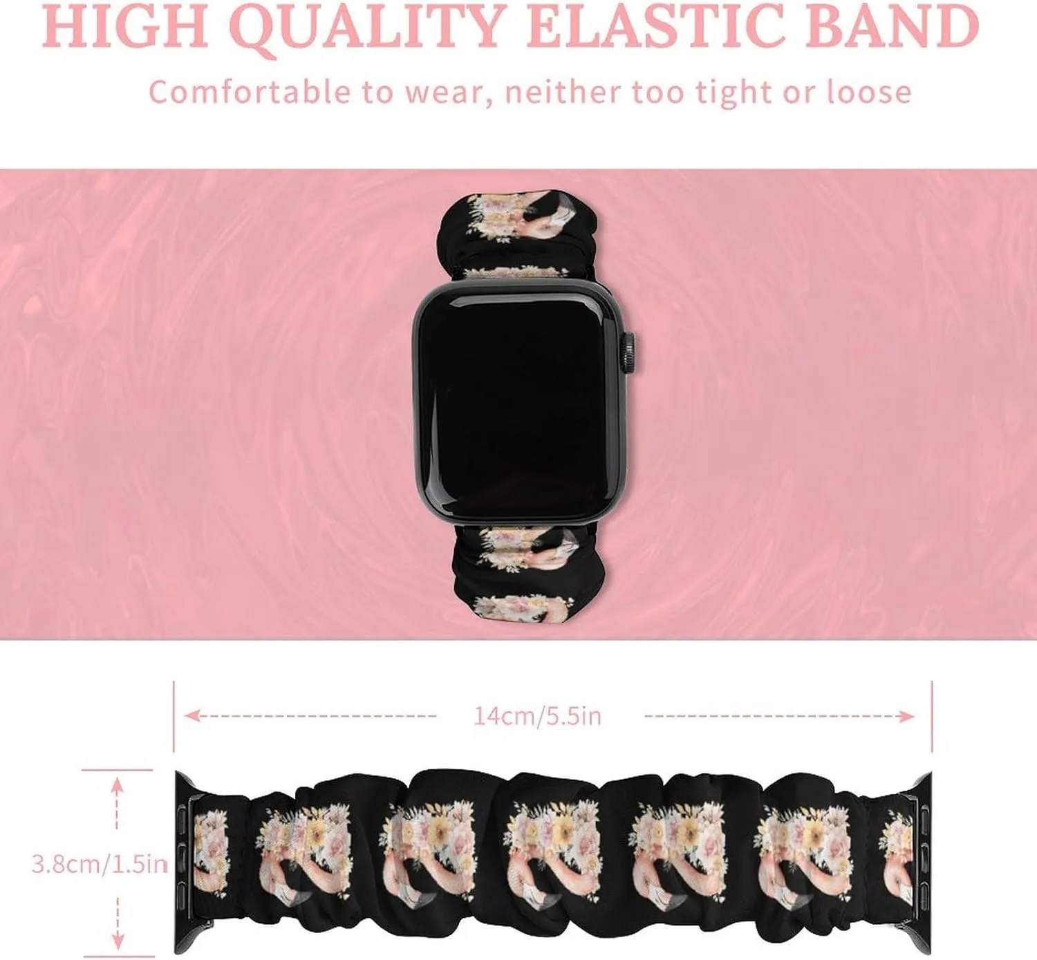 Flamingos Head With Floral Fashion Watch Strap Scrunchies Wristbands Compatible With IWatch Series