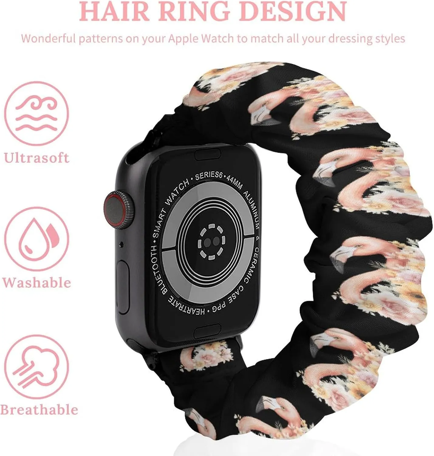 Flamingos Head With Floral Fashion Watch Strap Scrunchies Wristbands Compatible With IWatch Series