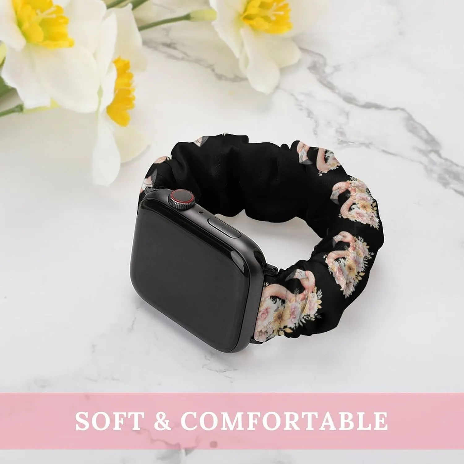 Flamingos Head With Floral Fashion Watch Strap Scrunchies Wristbands Compatible With IWatch Series