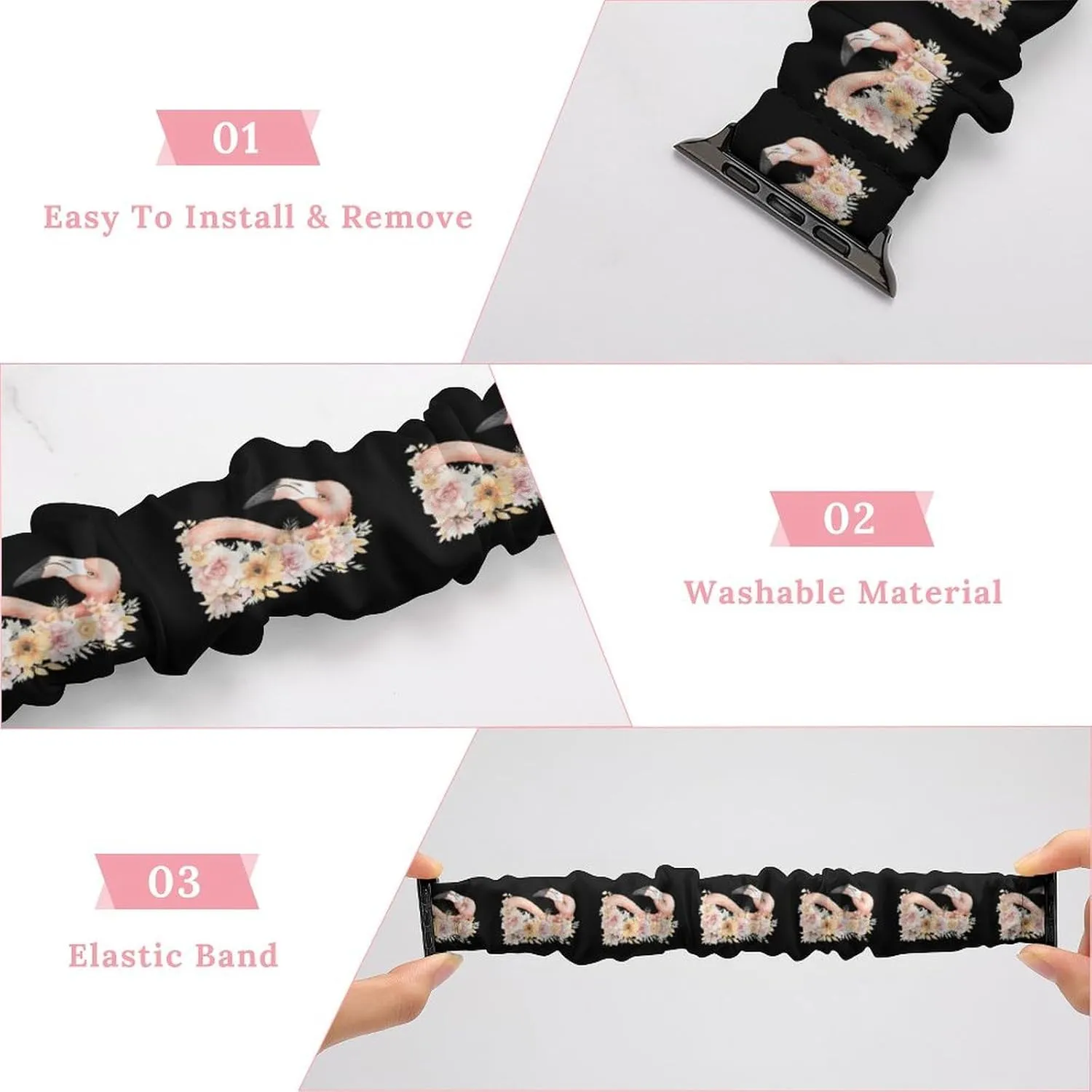 Flamingos Head With Floral Fashion Watch Strap Scrunchies Wristbands Compatible With IWatch Series
