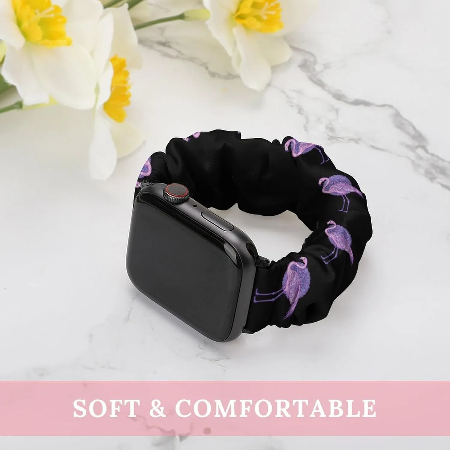 Flamingos Purple Floral Fashion Watch Strap Scrunchies Wristbands Compatible With IWatch Series