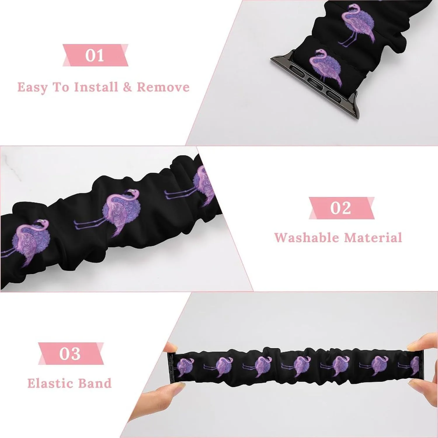Flamingos Purple Floral Fashion Watch Strap Scrunchies Wristbands Compatible With IWatch Series