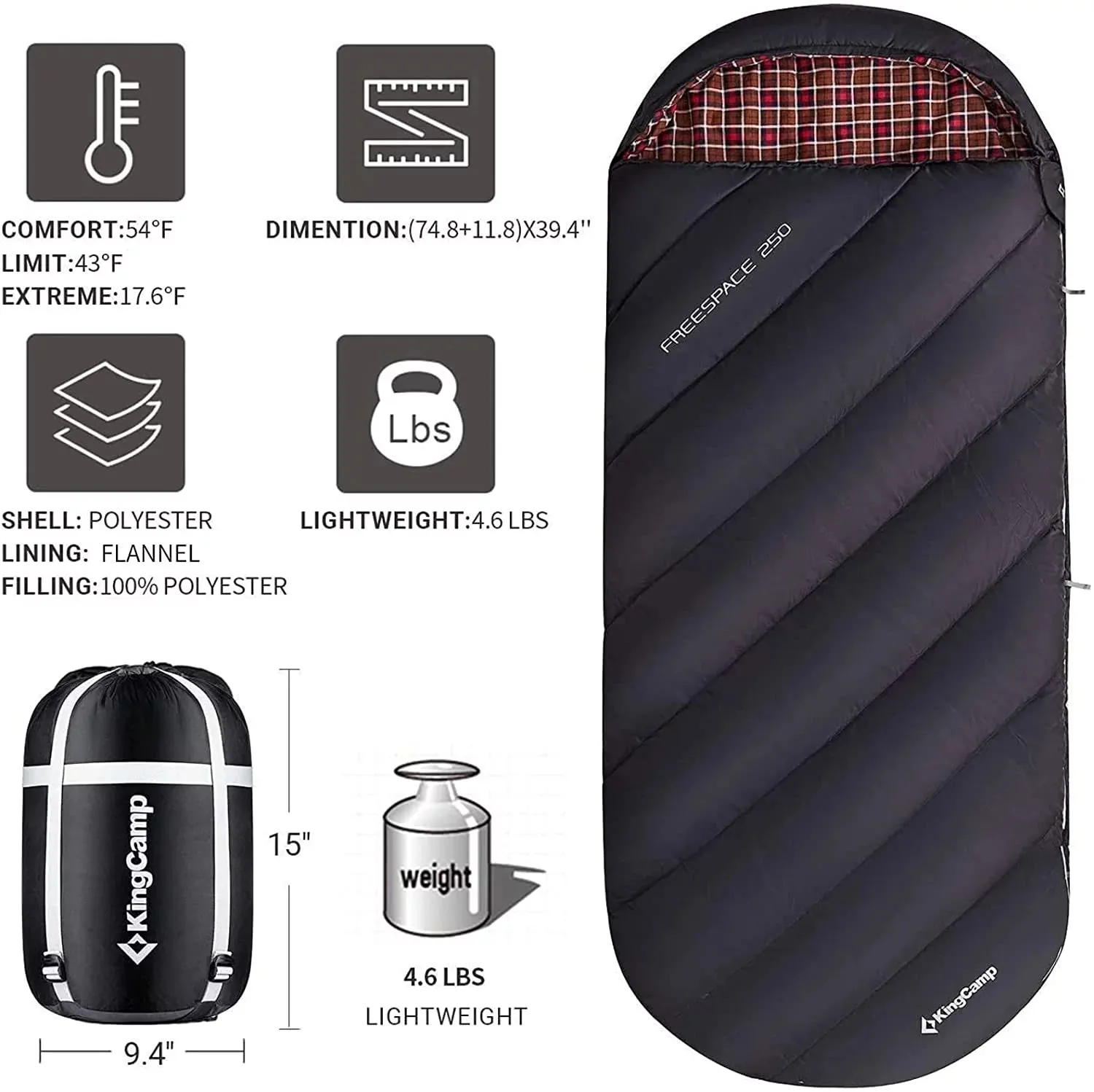 Flannel Design Weatherproof Adult Bag with 3-Season Sleeping & Tall Big - Lining, Professional-grade (Black) XL Camping Members-only deal & Lightweight, for 17.6℉-54℉ Backpacking, Comfort