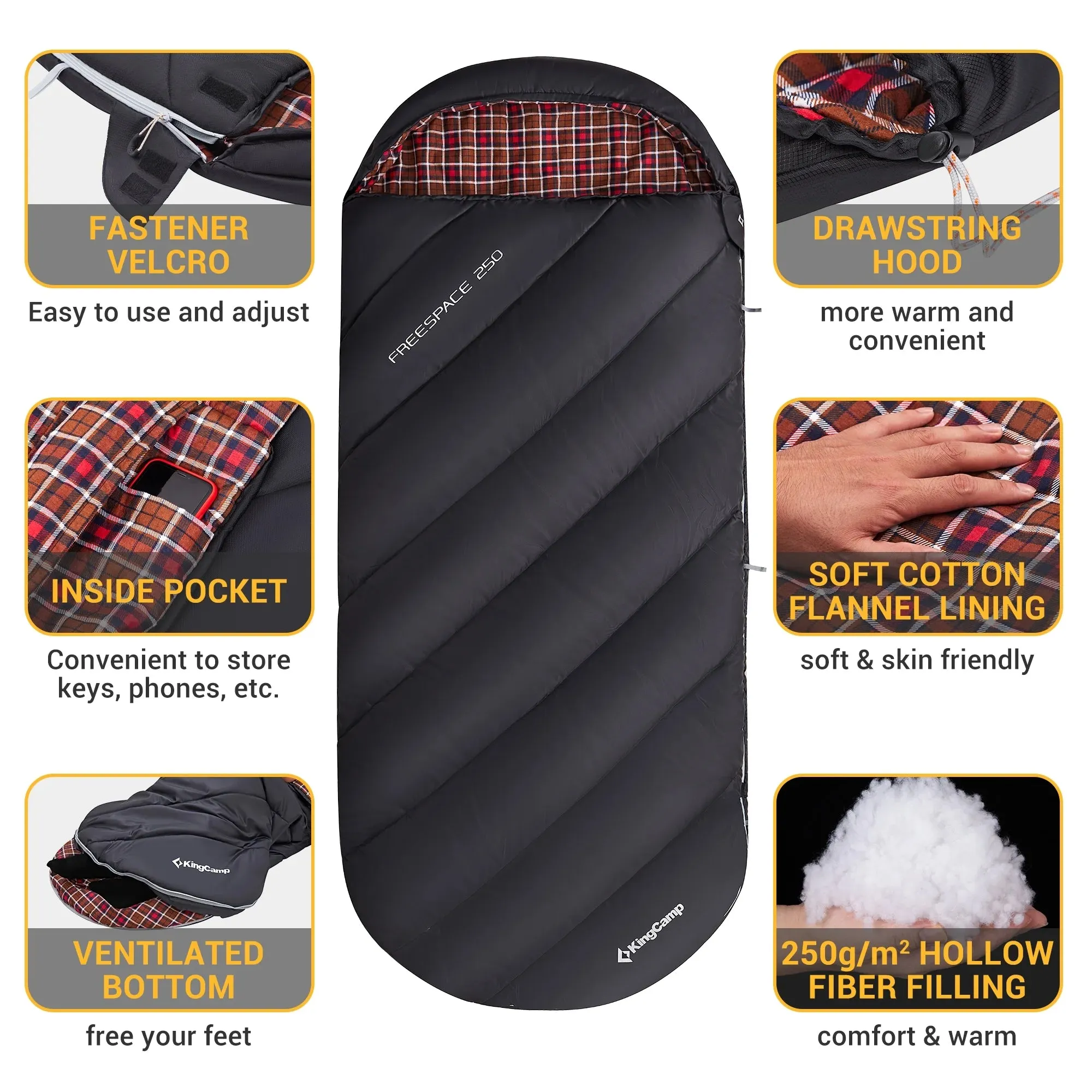 Flannel Design Weatherproof Adult Bag with 3-Season Sleeping & Tall Big - Lining, Professional-grade (Black) XL Camping Members-only deal & Lightweight, for 17.6℉-54℉ Backpacking, Comfort