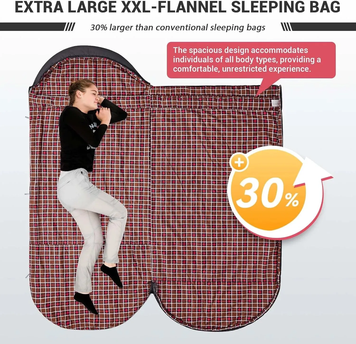 Flannel Design Weatherproof Adult Bag with 3-Season Sleeping & Tall Big - Lining, Professional-grade (Black) XL Camping Members-only deal & Lightweight, for 17.6℉-54℉ Backpacking, Comfort