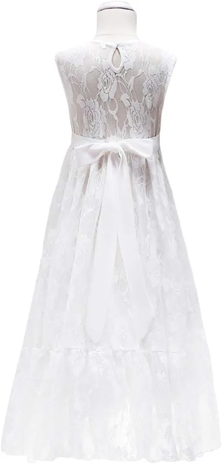 Flower Girls Lace White First Communion Dress Wedding Bridesmaid Party Christening Princess Aline Boho Rustic Dance Gown
