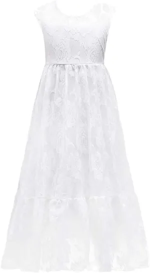 Flower Girls Lace White First Communion Dress Wedding Bridesmaid Party Christening Princess Aline Boho Rustic Dance Gown