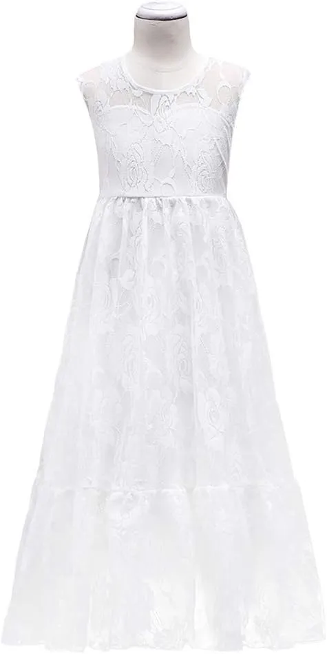 Flower Girls Lace White First Communion Dress Wedding Bridesmaid Party Christening Princess Aline Boho Rustic Dance Gown