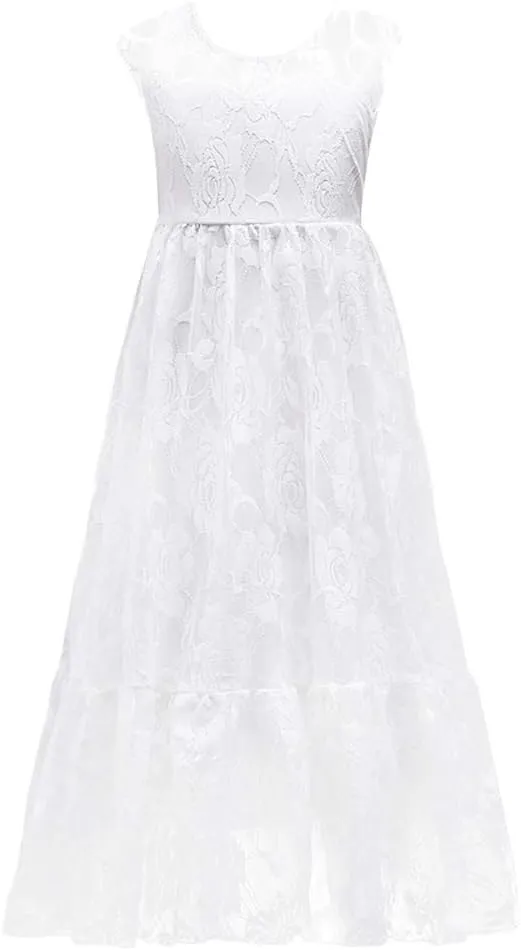 Flower Girls Lace White First Communion Dress Wedding Bridesmaid Party Christening Princess Aline Boho Rustic Dance Gown