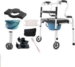 Folding Bathroom Mobility and aid Commode seat with Wheels and Storage Bag/Sit Board 8 Gears Height Adjustable for Elderly Disabled Double The Comfort Lofty Ambition