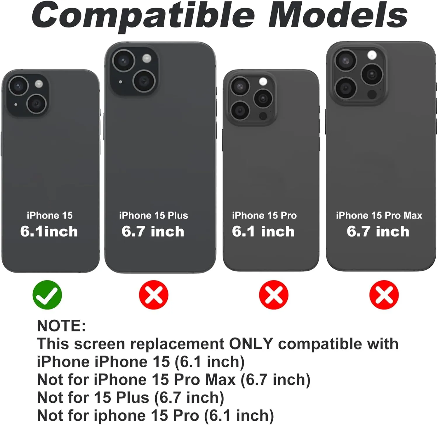 for iPhone 15 Screen Replacement, 6.1'' 3D Touch True Tone Screen for iPhone 15 Touch Display Digitizer Assembly with Repair Tools for iPhone LCD(A3090, A2846, A3089, A3092)