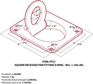 Four Recessed D-Ring Pan Fittings | Small Square Tie-Down D-Ring Trailer Cargo Tie-Down Anchors   Mounting Lock Plates   Installation Tie-Down Hardware Parts, Bolts, Nuts, Washers