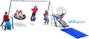 Free N’ Swing Plus with 5' Water Slide and Ground Tarp -7 User / 5 Station Metal Backyard Play Swing Set. 168" L x 91" Deep x 74" H, by XDP Recreation