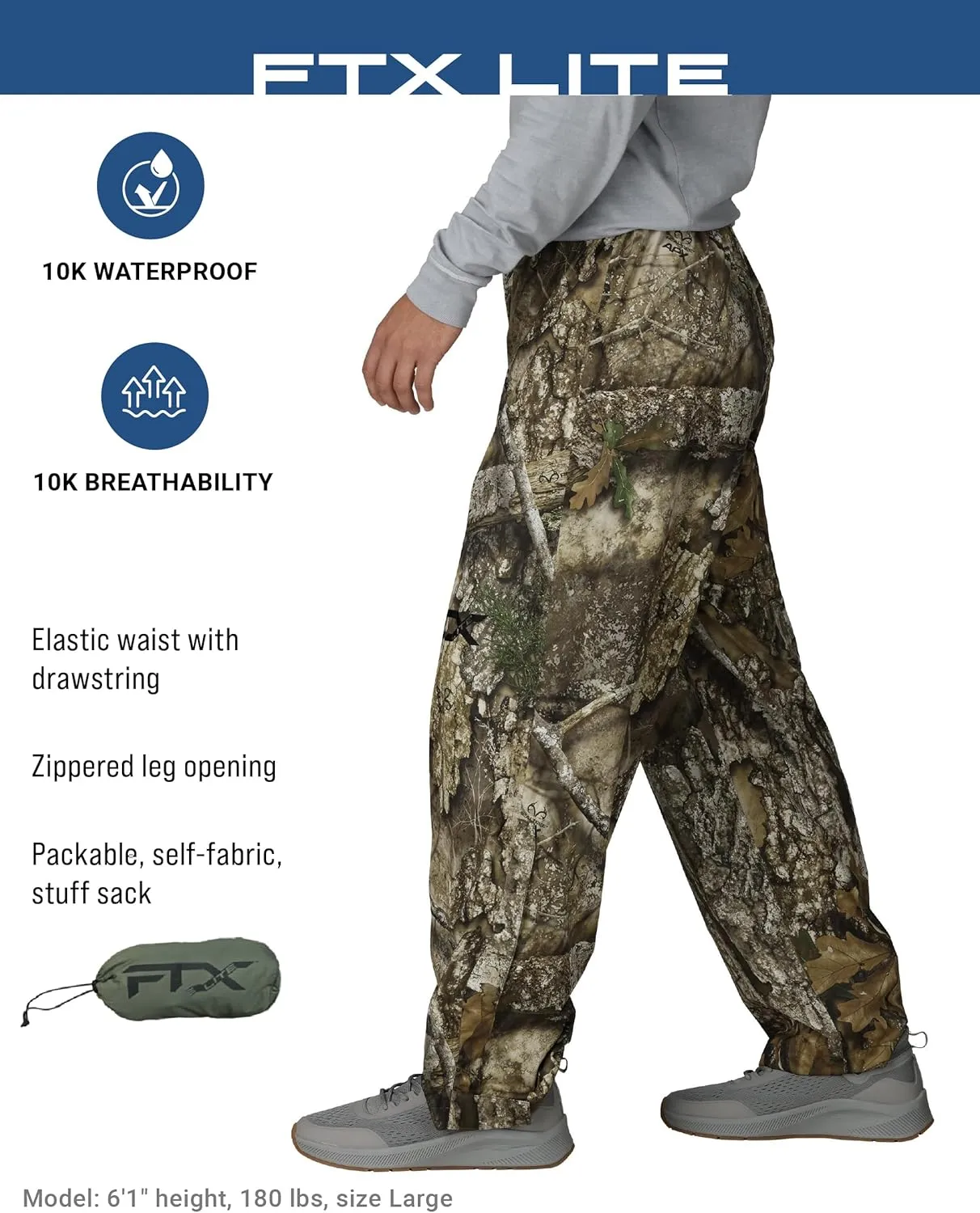 FROGG TOGGS Men's Ftx Lite Waterproof Rain Pant, Breathable, Comfort Stretch