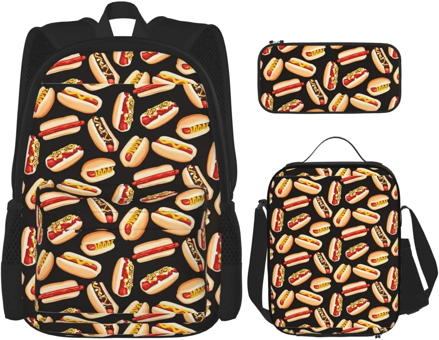 Fun Food Hot Dogs Print Versatile Adjustable Shoulder Fashion Backpack Lunch Bag Pencil Case Large Capacity