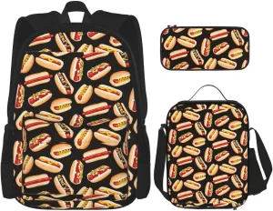 Fun Food Hot Dogs Print Versatile Adjustable Shoulder Fashion Backpack Lunch Bag Pencil Case Large Capacity