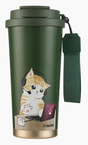 Funkrin Coffee Travel Mug with Straw & Flip Lid, 16oz Insulated Tumbler Cup with Ceramic Coating, Double Wall Vacuum Leak-Proof Thermos Mug for Office School Party Camping