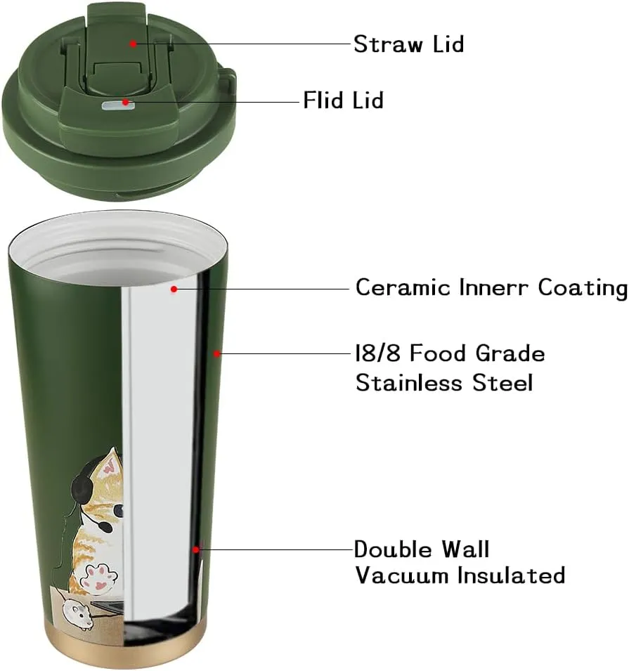 Funkrin Coffee Travel Mug with Straw & Flip Lid, 16oz Insulated Tumbler Cup with Ceramic Coating, Double Wall Vacuum Leak-Proof Thermos Mug for Office School Party Camping
