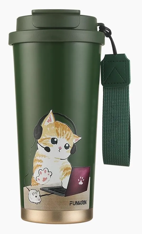 Funkrin Coffee Travel Mug with Straw & Flip Lid, 16oz Insulated Tumbler Cup with Ceramic Coating, Double Wall Vacuum Leak-Proof Thermos Mug for Office School Party Camping